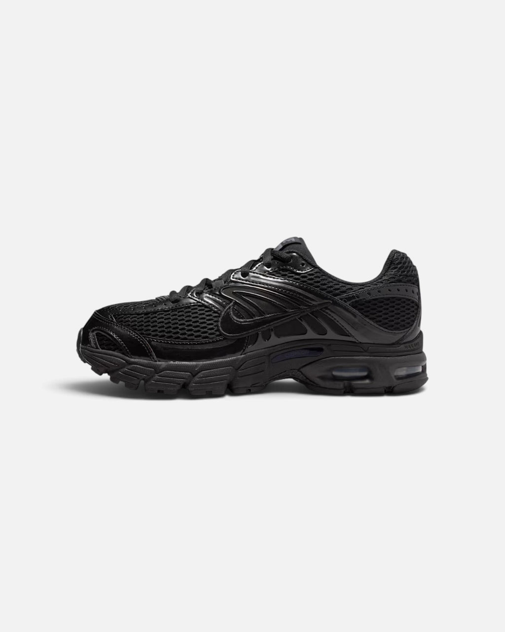 CRIUW Nike Air Max Moto 2K sneakers in all black with metallic accents and mesh detailing, side view.