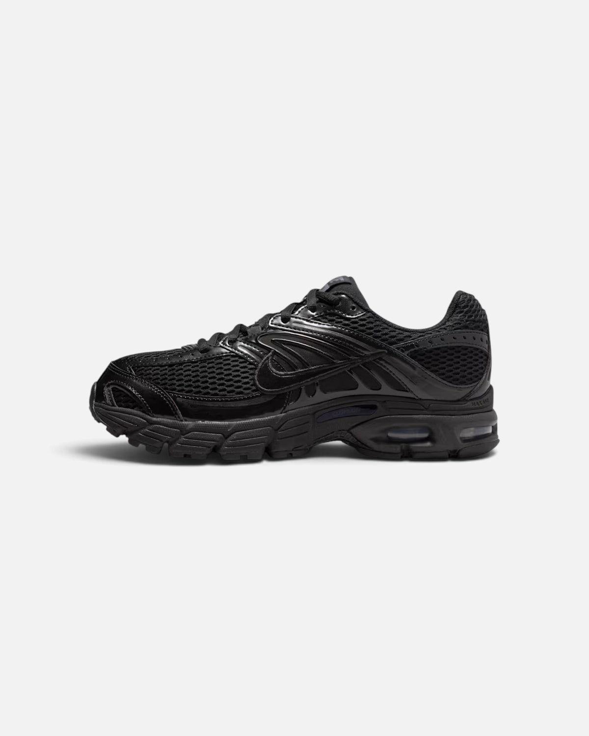 CRIUW Nike Air Max Moto 2K sneakers in all black with metallic accents and mesh detailing, side view.