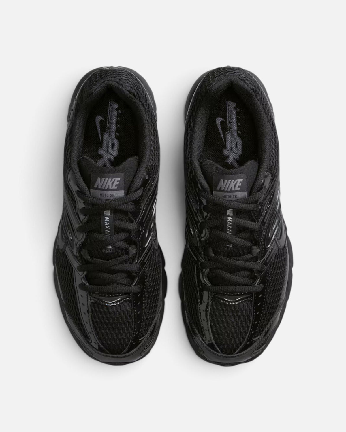 CRIUW Nike Air Max Moto 2K sneakers in all black with metallic accents and mesh upper, top-down view