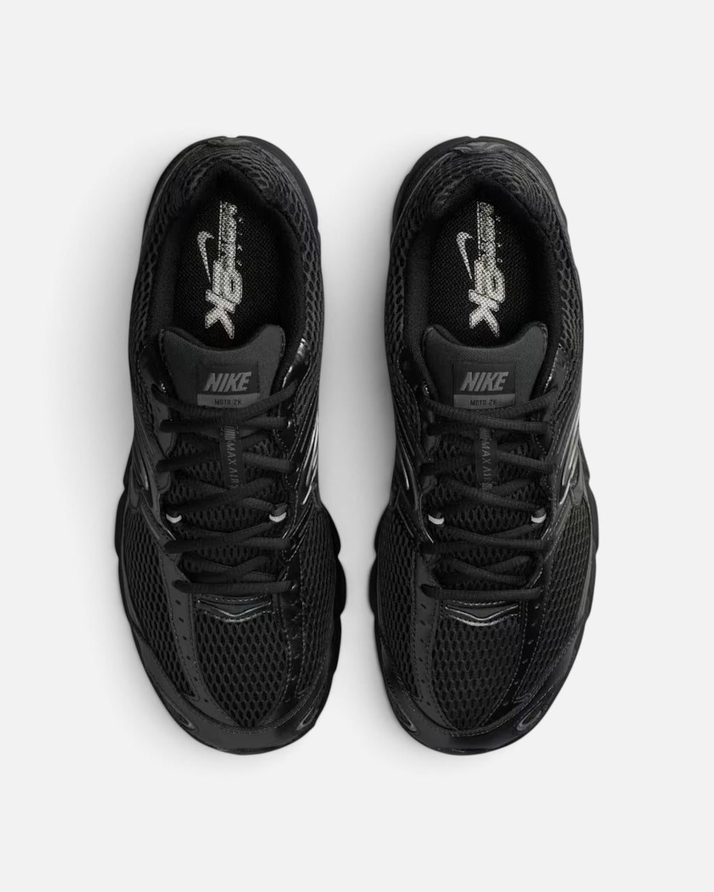 CRIUW Nike Air Max Moto 2K sneakers in all black with mesh upper and metallic details, top-down view