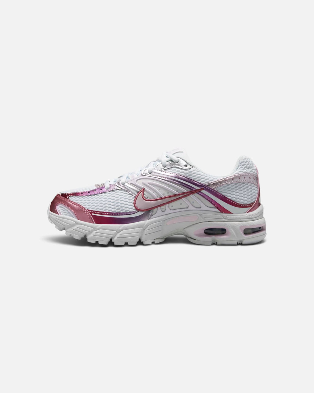 CRIUW Nike Air Max Moto 2K sneakers in bleached lilac with metallic pink accents and white mesh performance design.