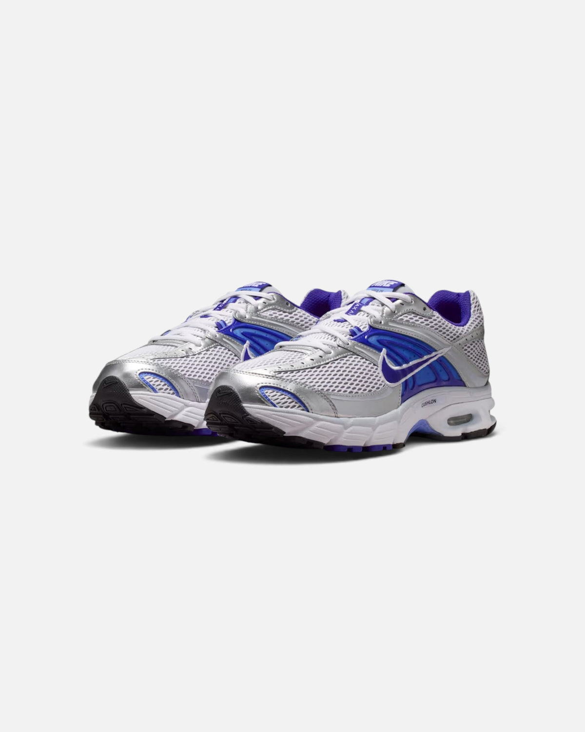 CRIUW Nike Air Max Moto 2K sneakers in white, silver, and royal pulse blue with metallic details and Max Air cushioning