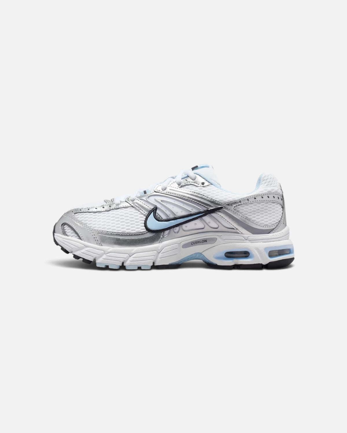 CRIUW Nike Air Max Moto 2K sneakers in hydrogen blue, white, and metallic silver with performance cushioning.