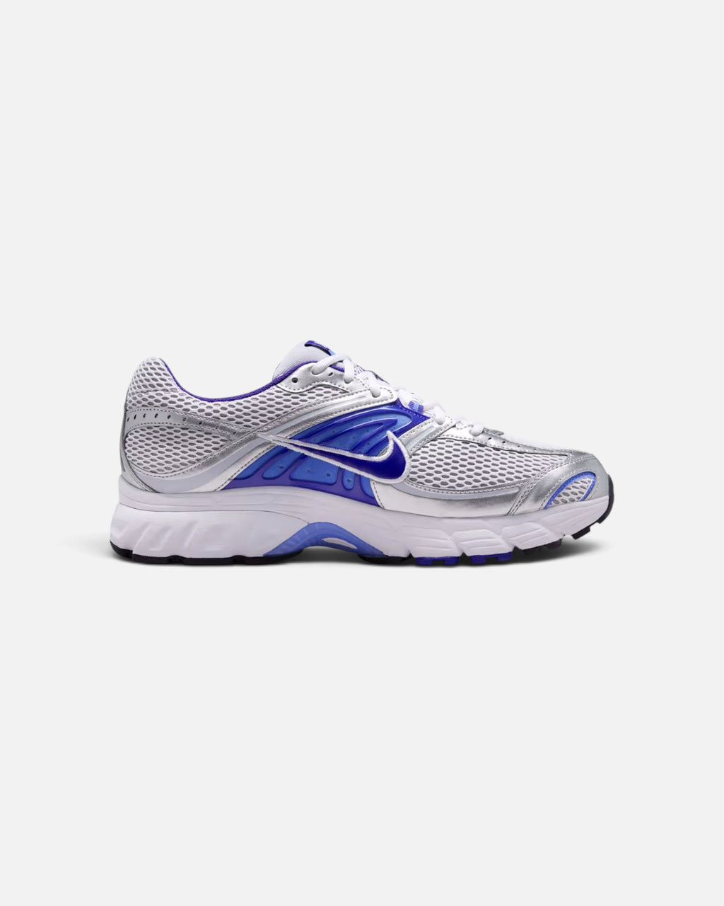 CRIUW Nike Air Max Moto 2K sneakers in white, silver, and royal pulse blue with mesh and metallic performance details.