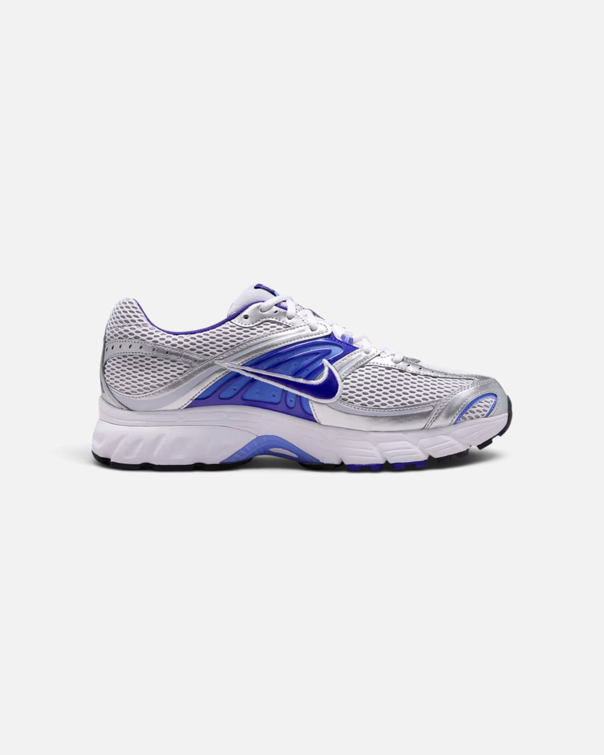 CRIUW Nike Air Max Moto 2K sneakers in white, silver, and royal pulse blue with mesh and metallic performance details.