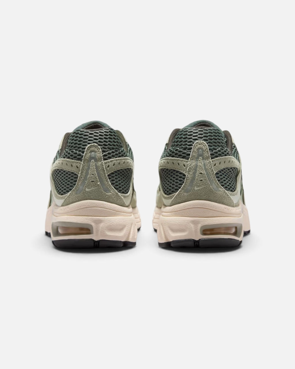 CRIUW Nike Air Max Moto 2K sneakers in camo green with metallic details and cushioned Max Air soles, rear view.