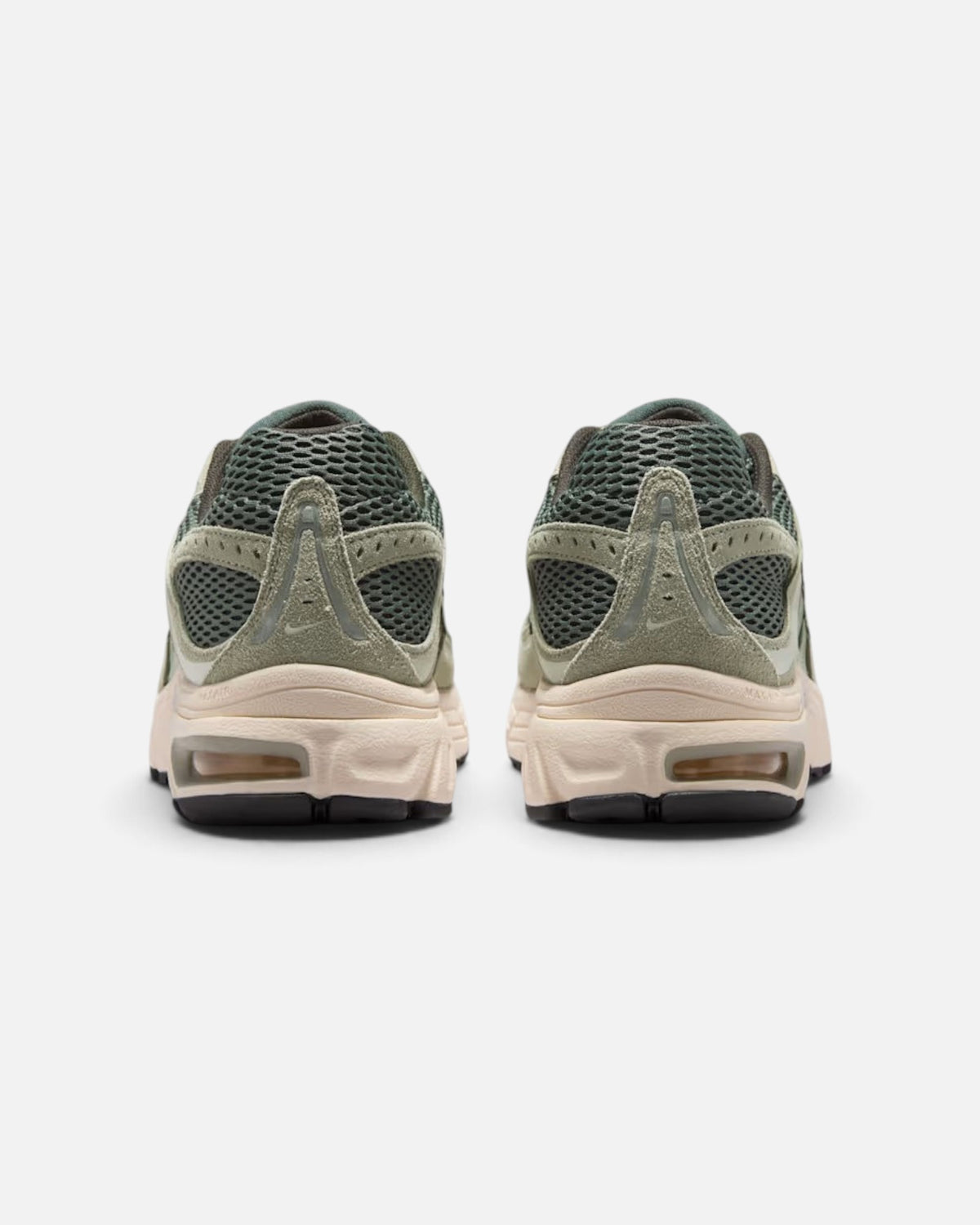 CRIUW Nike Air Max Moto 2K sneakers in camo green with metallic details and cushioned Max Air soles, rear view.