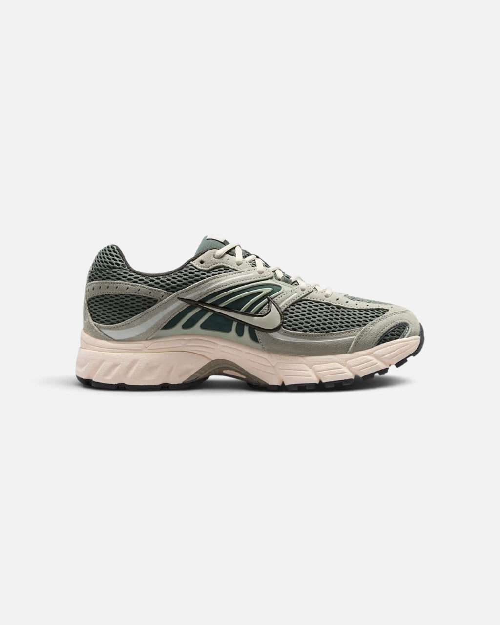 CRIUW NIKE AIR MAX MOTO 2K sneaker in camo green with metallic accents and cushioned Max Air sole, side view.
