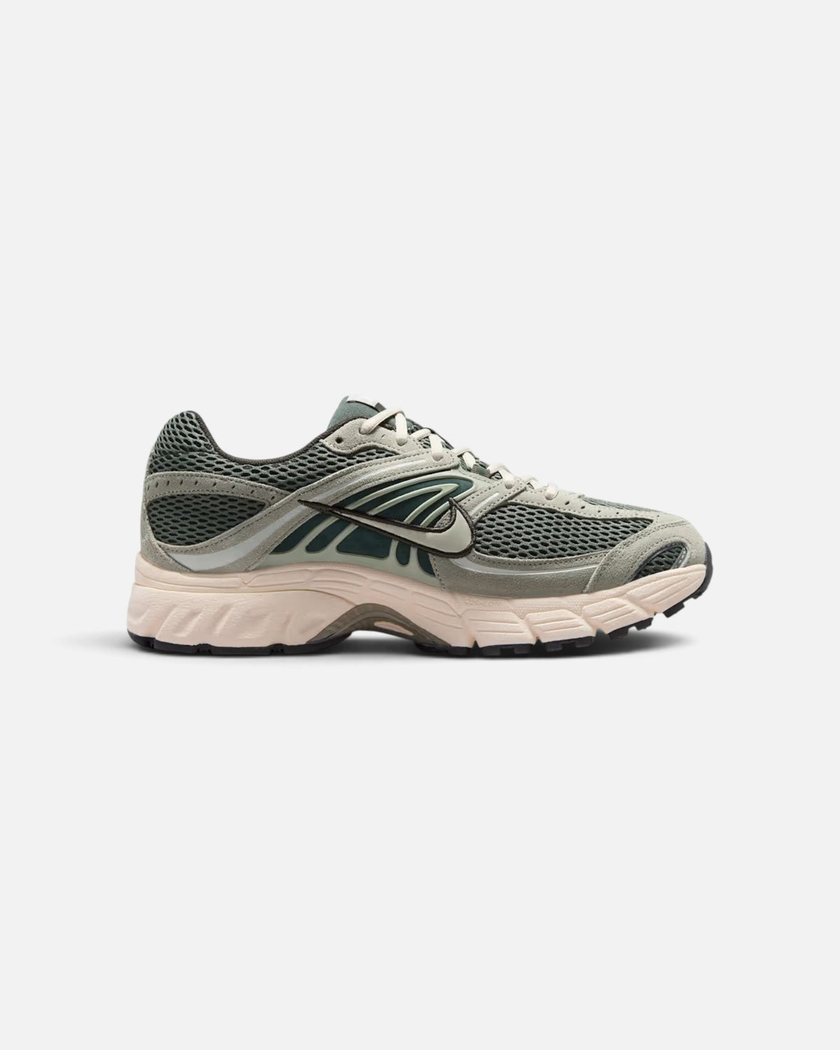 CRIUW NIKE AIR MAX MOTO 2K sneaker in camo green with metallic accents and cushioned Max Air sole, side view.