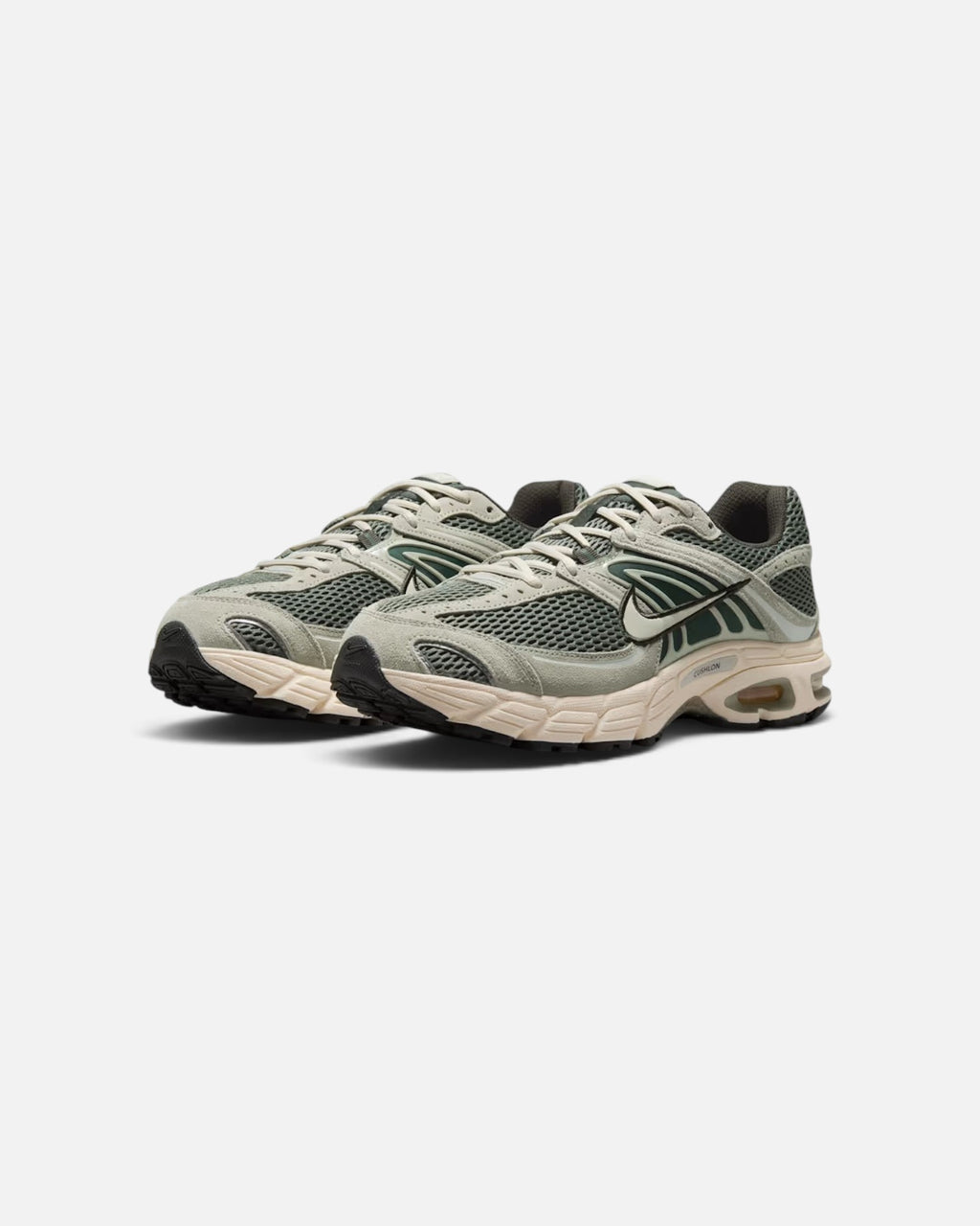 CRIUW Nike Air Max Moto 2K sneakers in camo green with metallic accents and cushioned soles on a white background