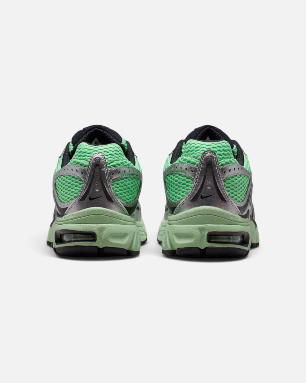 CRIUW Nike Air Max Moto 2K sneakers in illusion green with metallic silver accents and mesh detailing, rear view.
