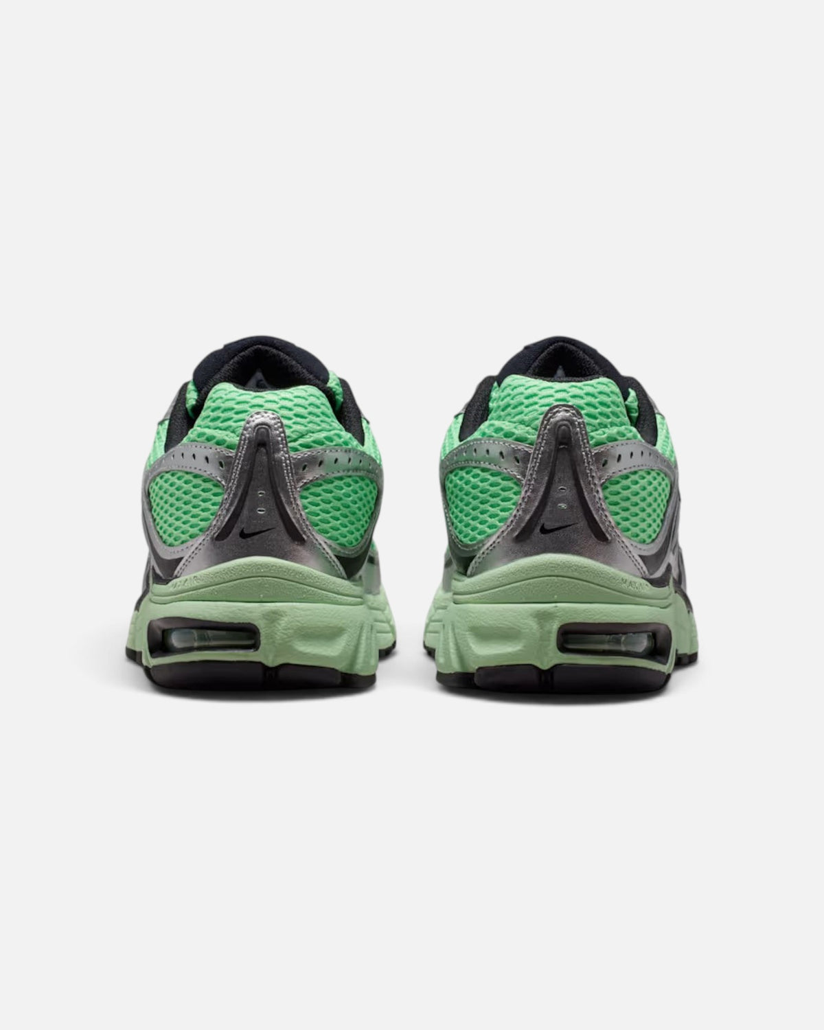 CRIUW Nike Air Max Moto 2K sneakers in illusion green with metallic silver accents and mesh detailing, rear view.