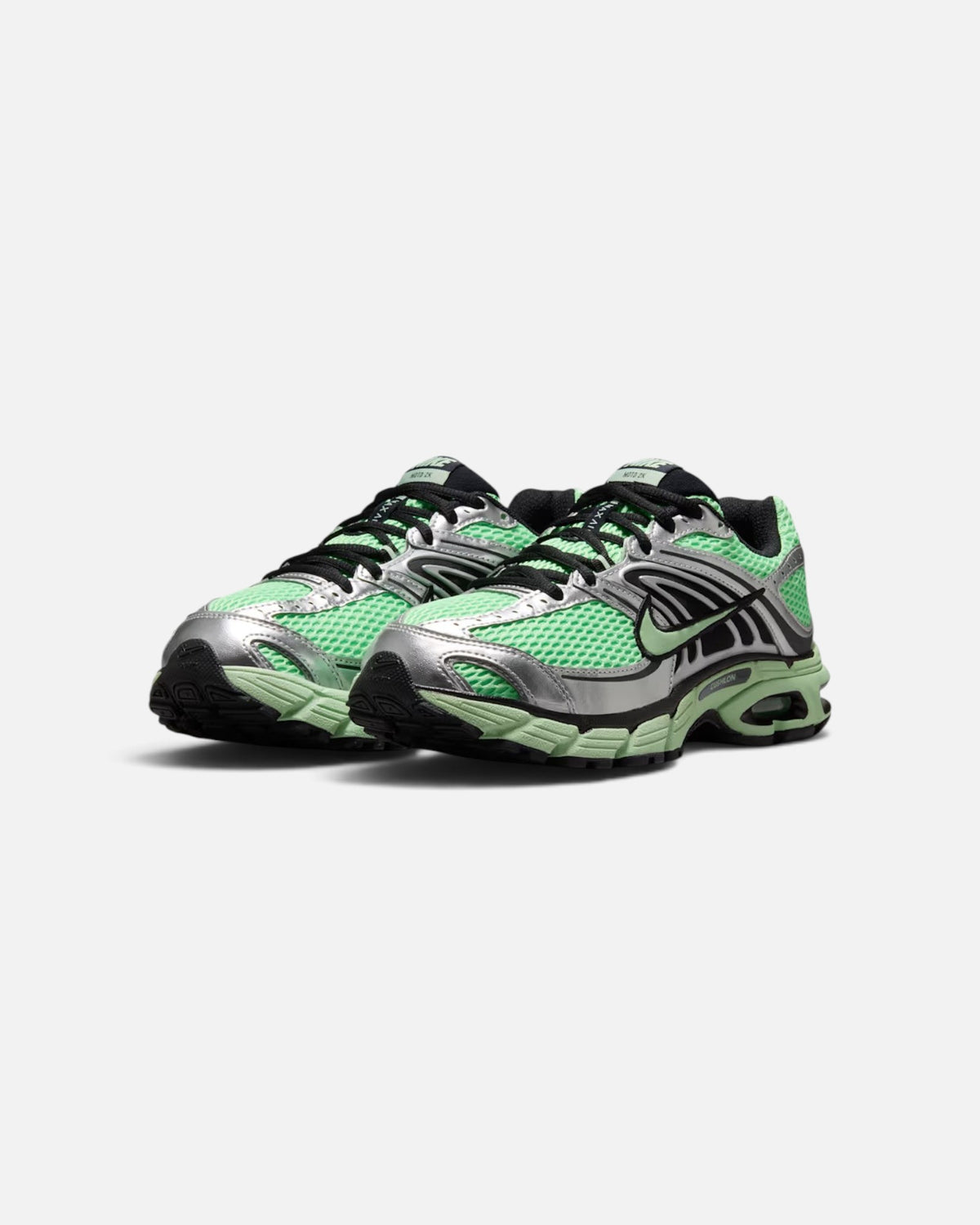 CRIUW Nike Air Max Moto 2K sneakers in illusion green and metallic silver with mesh upper and performance cushioning.