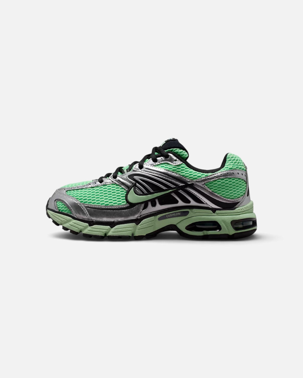 CRIUW Nike Air Max Moto 2K sneakers in illusion green and metallic silver with performance mesh and cushioning