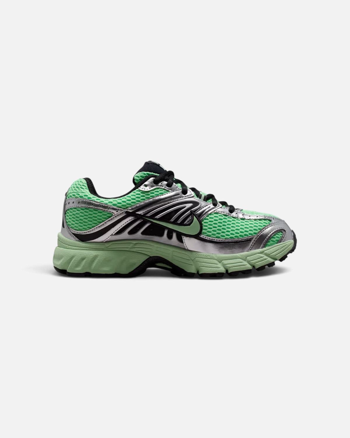 CRIUW Nike Air Max Moto 2K sneakers in illusion green and metallic silver with mesh upper and performance cushioning.