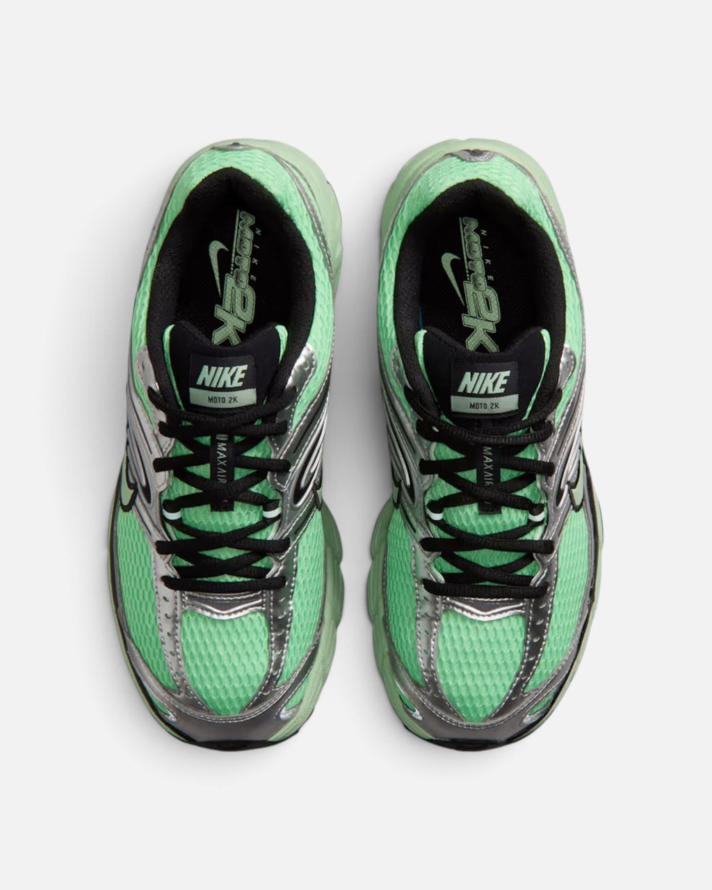 CRIUW Nike Air Max Moto 2K sneakers in illusion green with metallic silver overlays and black lace-up detailing.