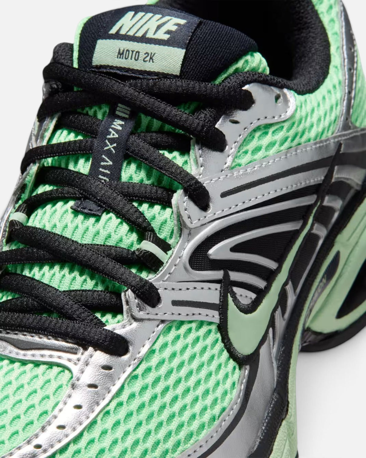 CRIUW Nike Air Max Moto 2K sneakers in illusion green mesh with metallic silver overlays and black laces