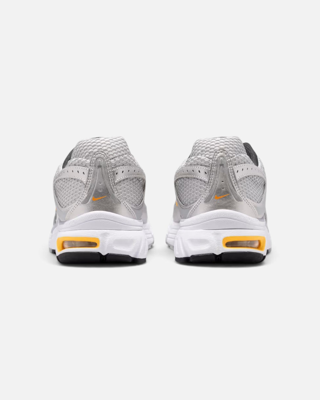 CRIUW Nike Air Max Moto 2K sneakers in wolf grey with metallic details and yellow accents, rear view