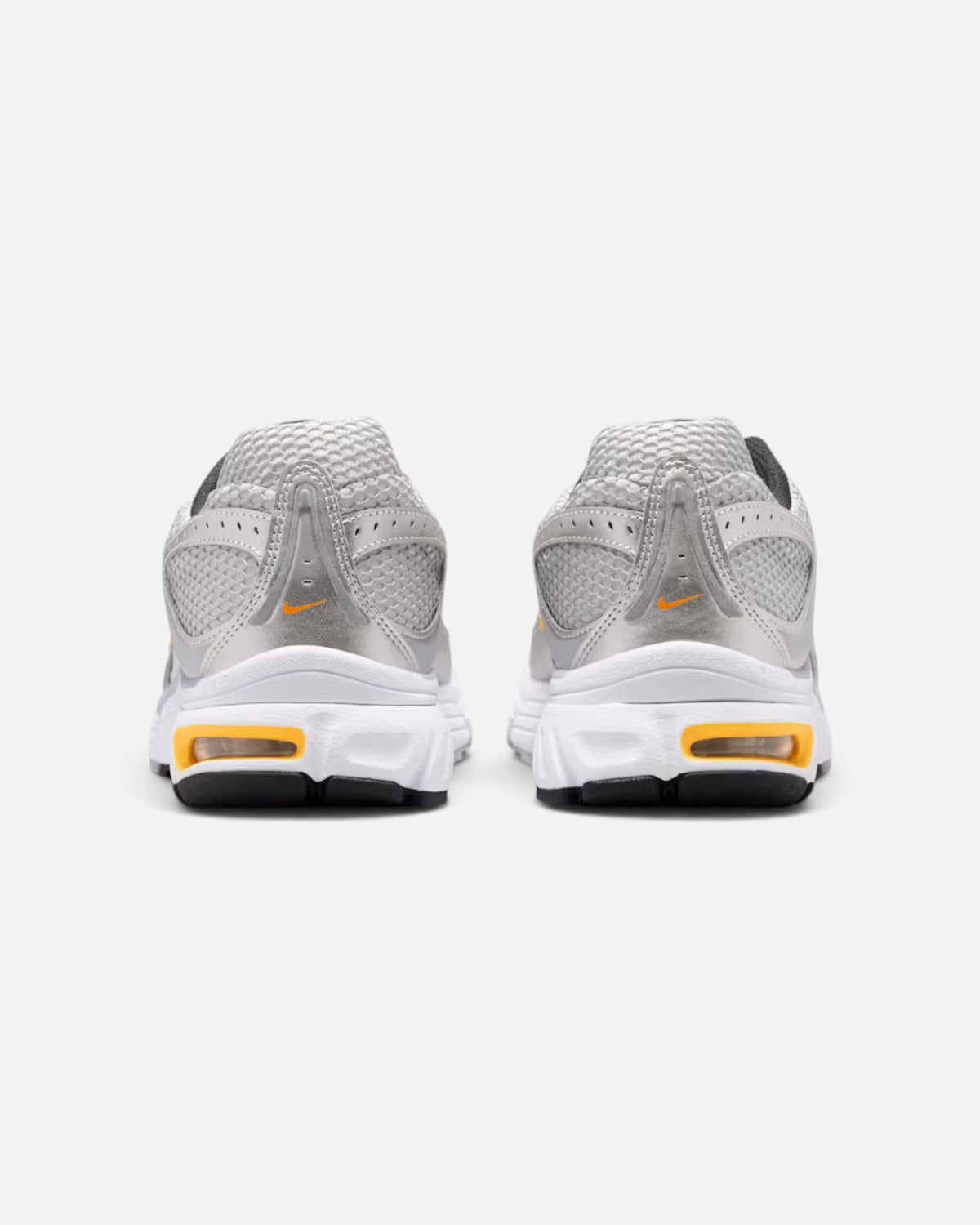 CRIUW Nike Air Max Moto 2K sneakers in wolf grey with metallic details and yellow accents, rear view