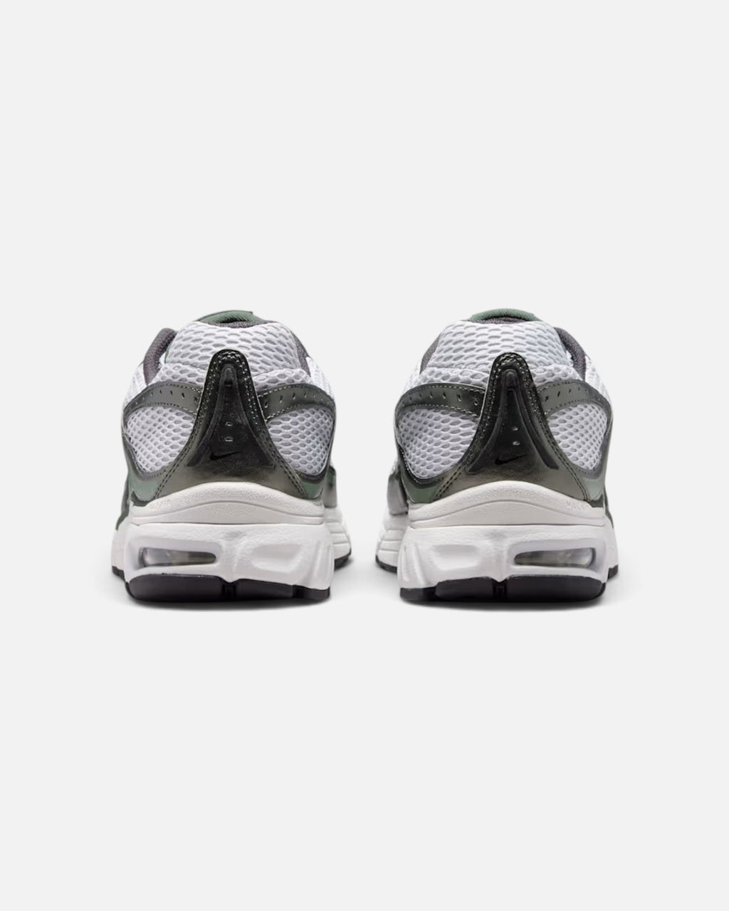 Rear view of CRIUW NIKE AIR MAX MOTO 2K sneakers in grey fog with metallic accents and white Max Air cushioning soles