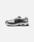 CRIUW Nike Air Max Moto 2K sneakers in grey fog with metallic green accents and white mesh side profile view