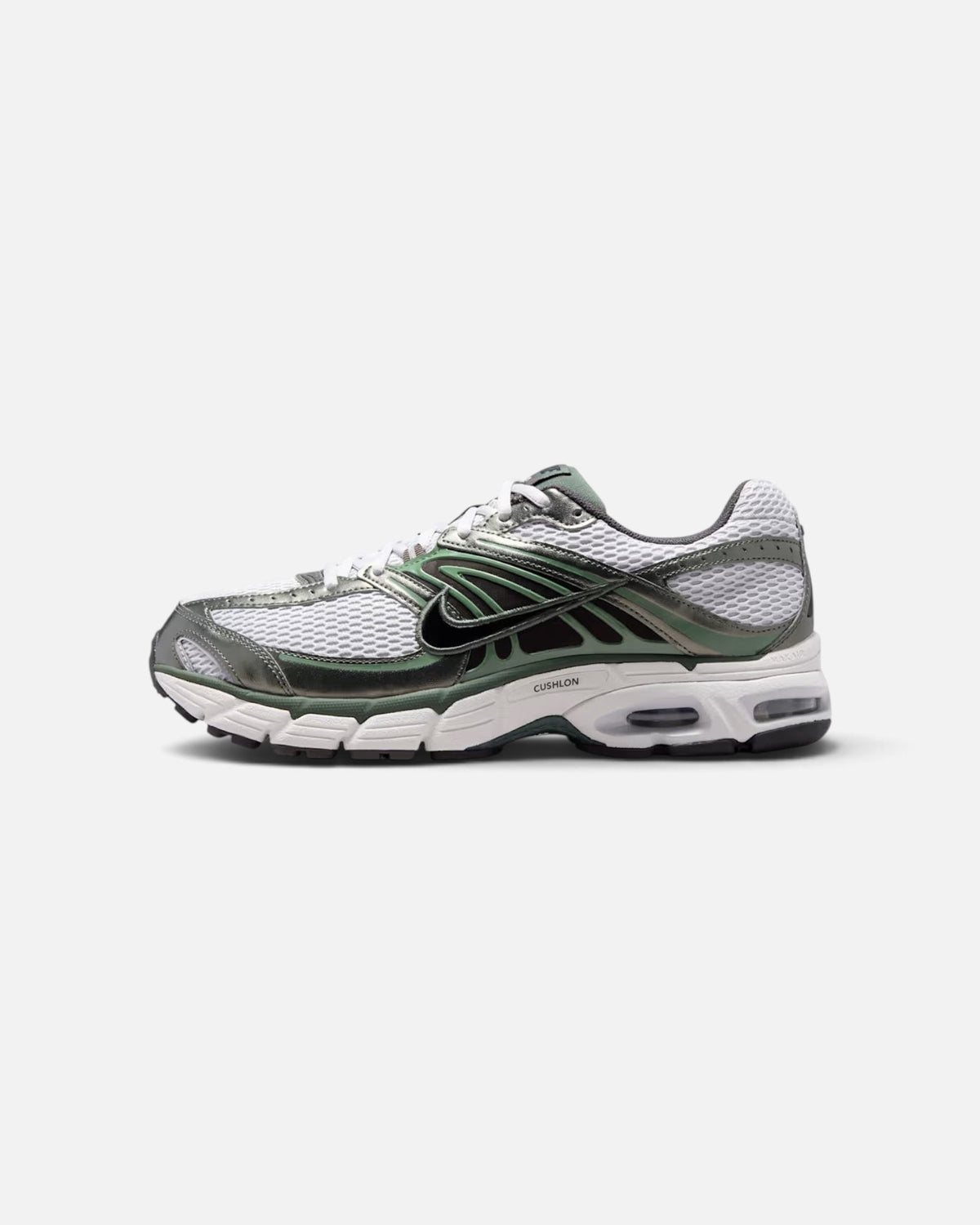 CRIUW Nike Air Max Moto 2K sneakers in grey fog with metallic green accents and white mesh side profile view
