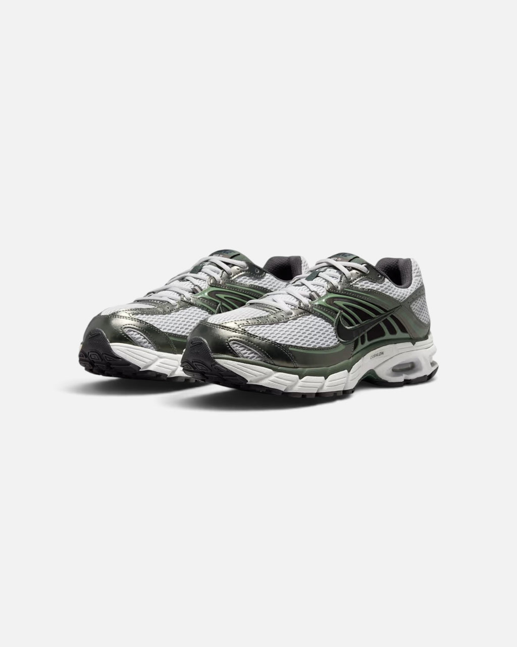 CRIUW Nike Air Max Moto 2K sneakers in grey fog with metallic accents, mesh upper, and cushioned Max Air sole.