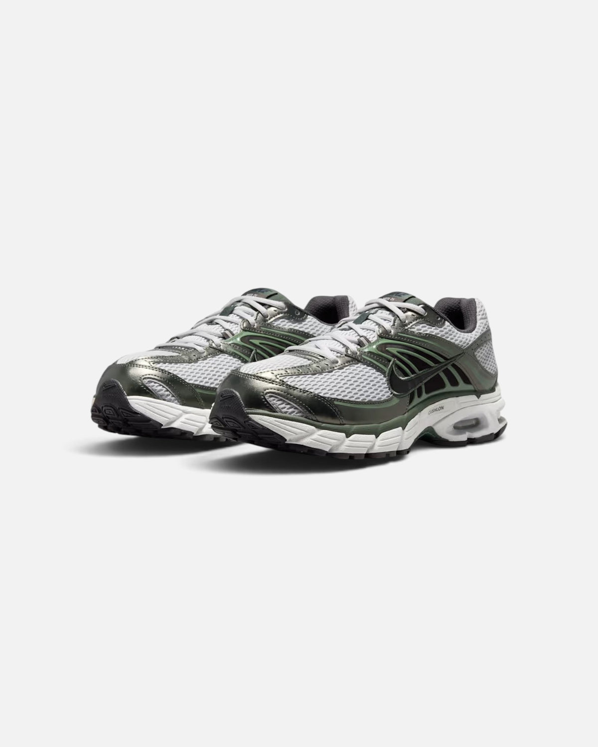 CRIUW Nike Air Max Moto 2K sneakers in grey fog with metallic accents, mesh upper, and cushioned Max Air sole.