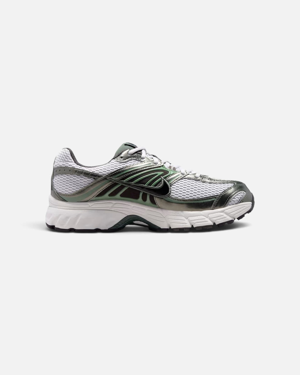 CRIUW Nike Air Max Moto 2K sneakers in grey fog with metallic green accents and white cushioned midsole