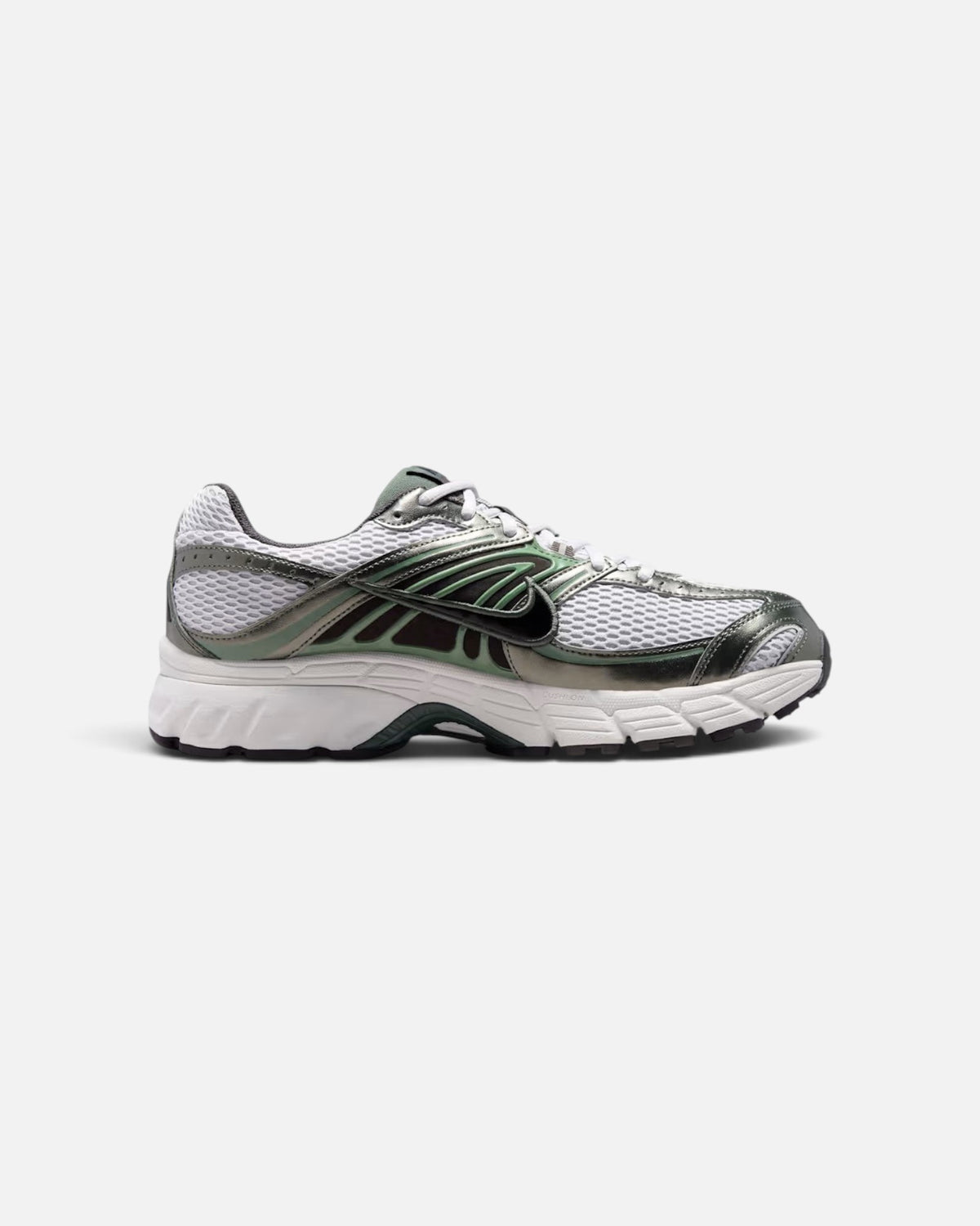 CRIUW Nike Air Max Moto 2K sneakers in grey fog with metallic green accents and white cushioned midsole