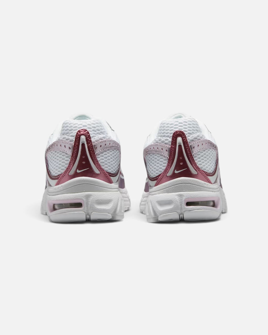 CRIUW Nike Air Max Moto 2K sneakers in bleached lilac and white with metallic accents, rear view showing heel detail.