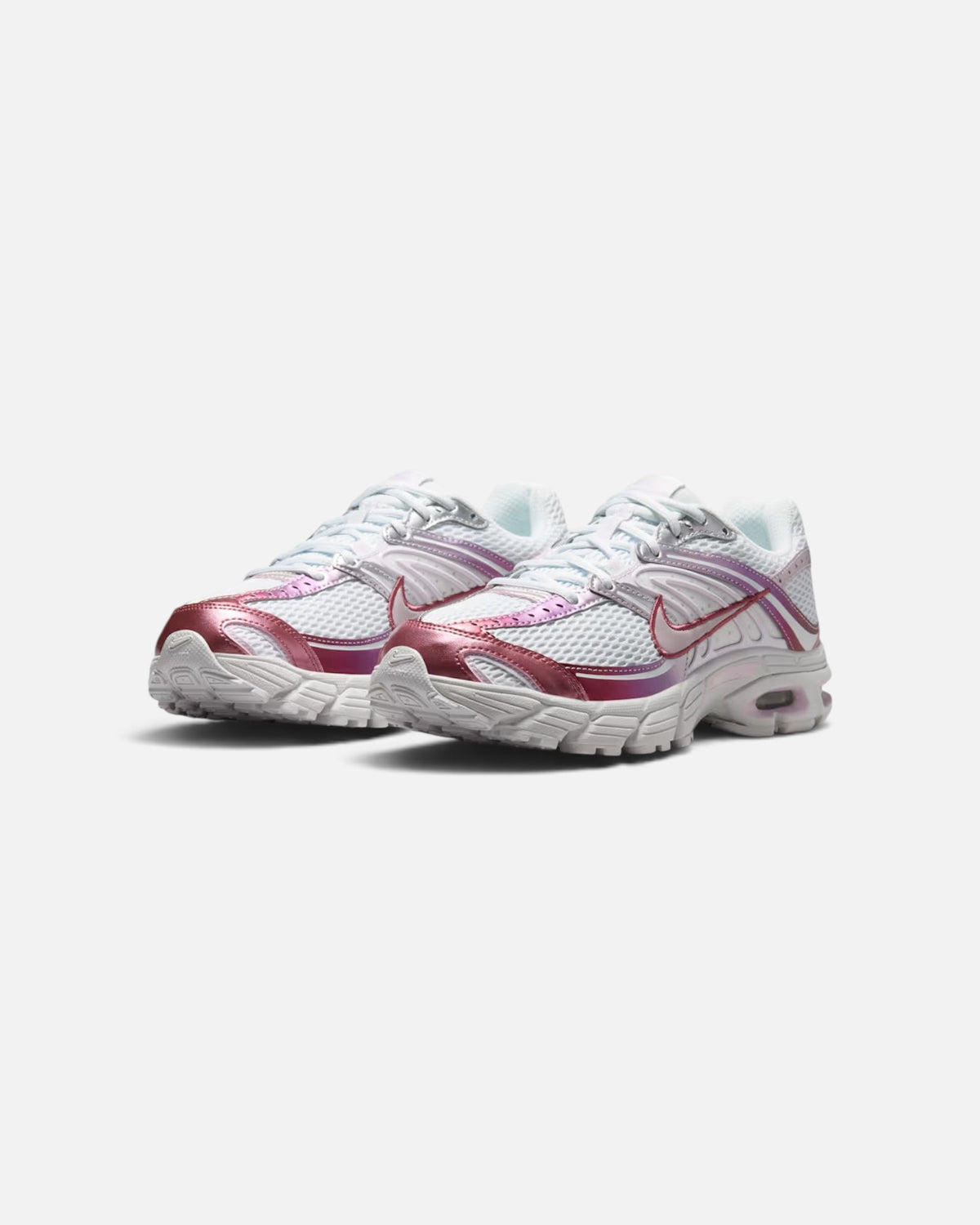 CRIUW Nike Air Max Moto 2K sneakers in bleached lilac and white with metallic pink accents and Max Air cushioning.