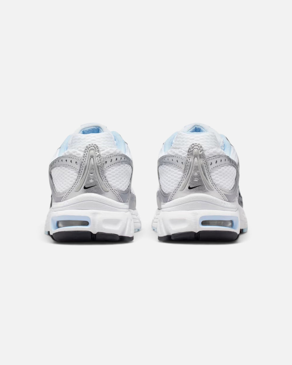 CRIUW Nike Air Max Moto 2K sneakers in white and hydrogen blue with metallic silver accents, rear view