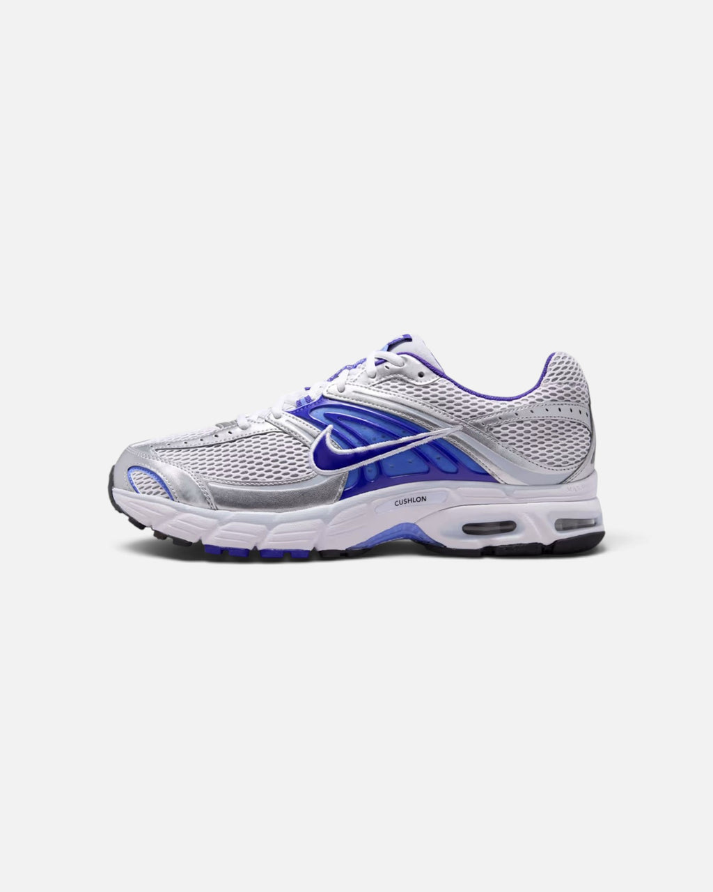 CRIUW Nike Air Max Moto 2K sneakers in white, silver, and royal pulse blue with metallic details and Max Air cushioning
