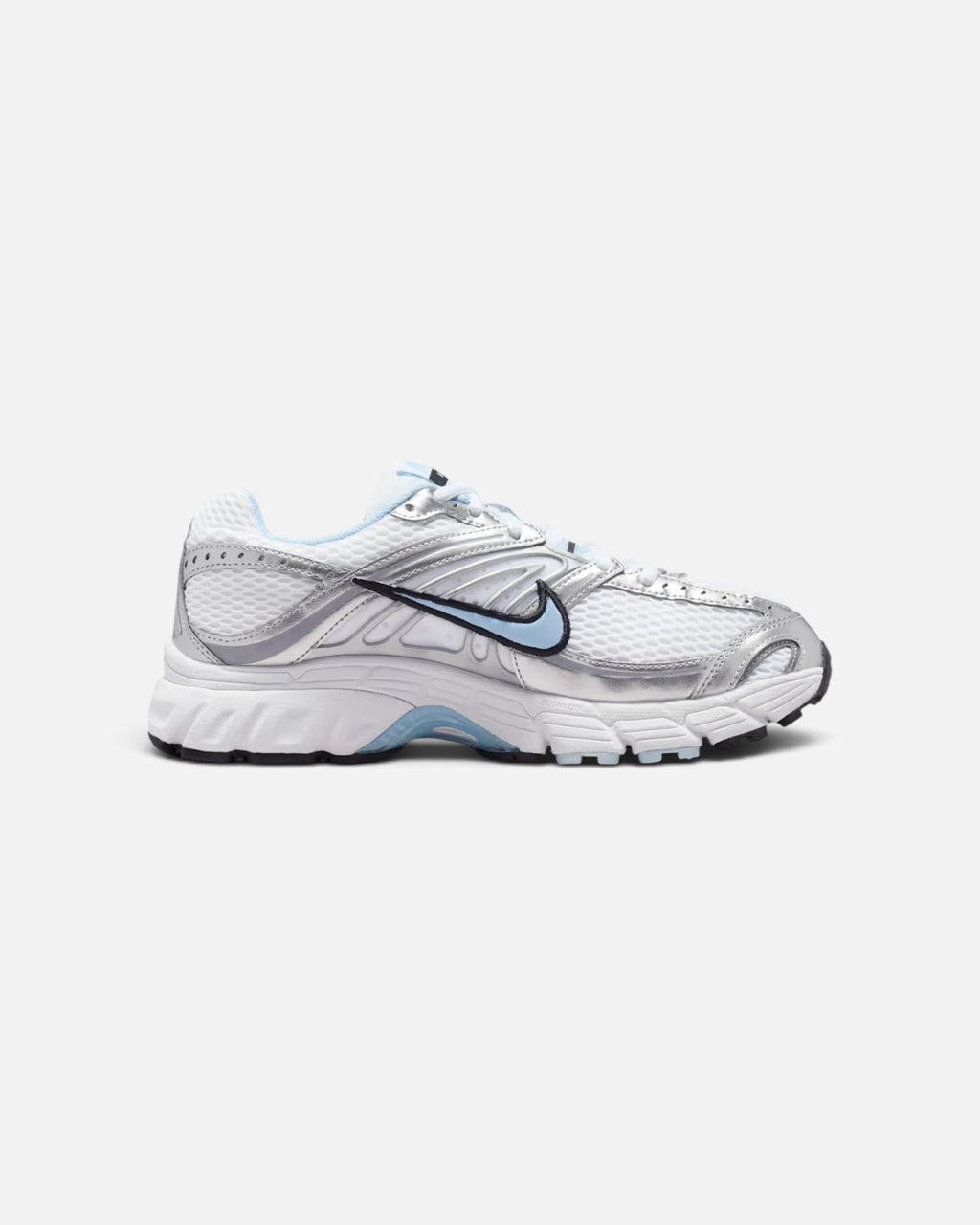 CRIUW Nike Air Max Moto 2K sneakers in white and metallic silver with hydrogen blue accents and mesh upper