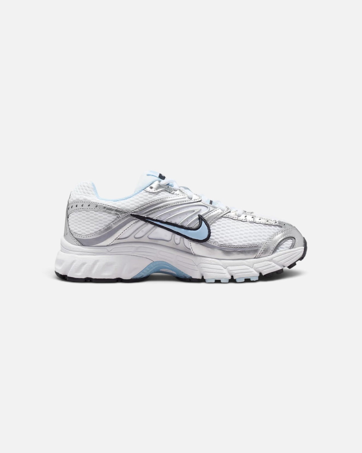 CRIUW Nike Air Max Moto 2K sneakers in white and metallic silver with hydrogen blue accents and mesh upper