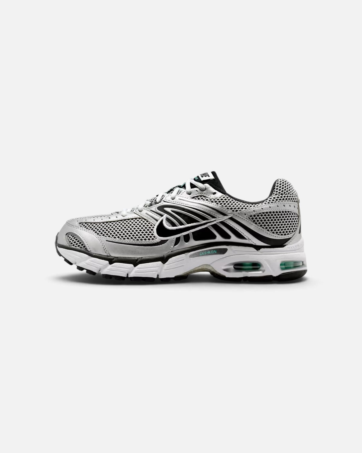 CRIUW Nike Air Max Moto 2K sneaker in off-white and metallic silver with black accents and visible Max Air cushioning