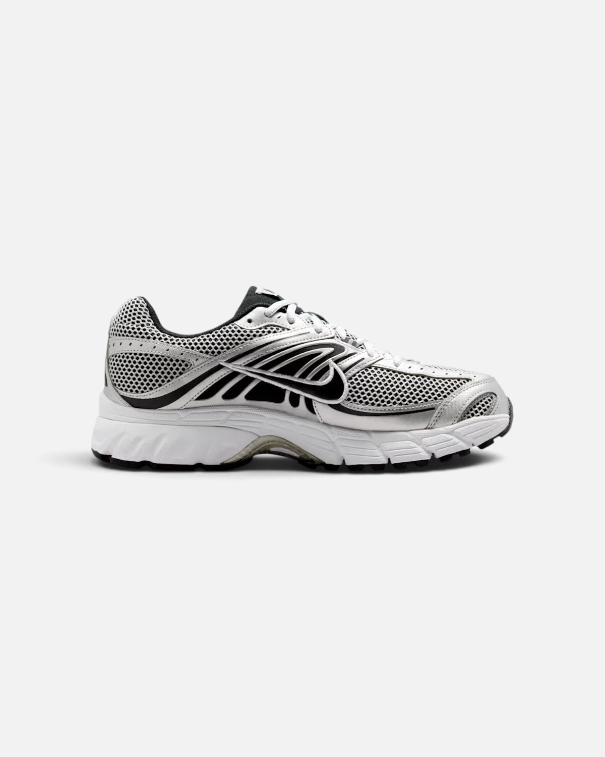 CRIUW Nike Air Max Moto 2K sneaker in off-white and metallic silver with black accents and mesh detailing.