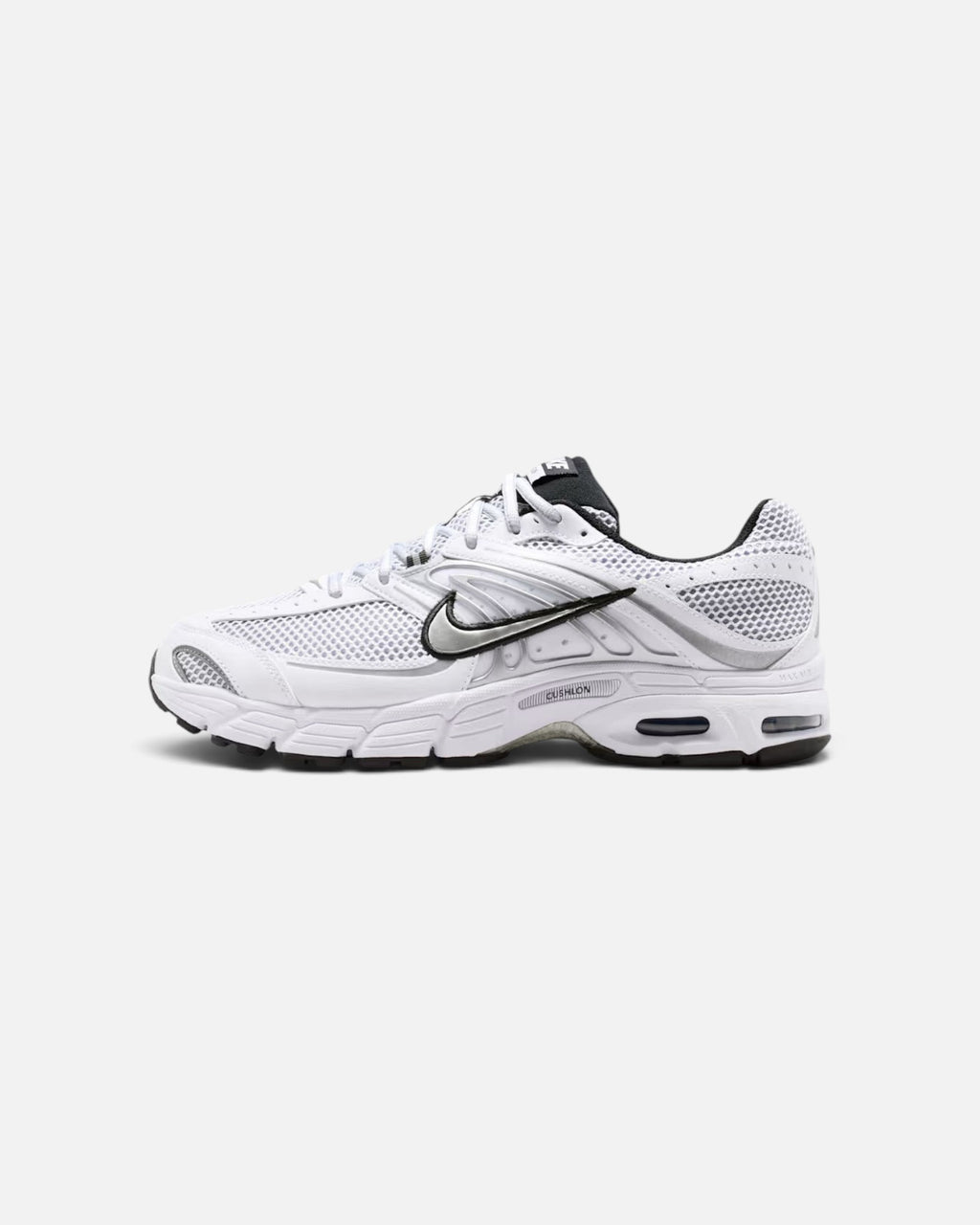 CRIUW Nike Air Max Moto 2K white performance sneaker with metallic silver swoosh and cushioned sole