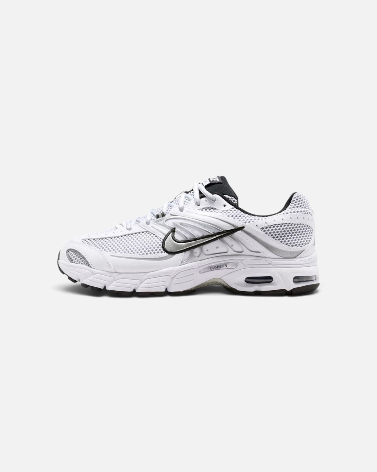 CRIUW Nike Air Max Moto 2K white performance sneaker with metallic silver swoosh and cushioned sole