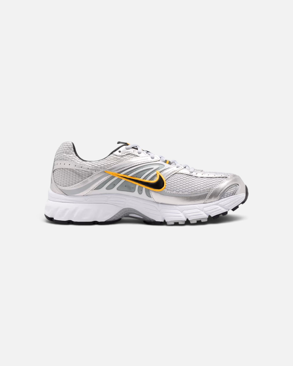 CRIUW Nike Air Max Moto 2K sneakers in wolf grey with metallic silver overlays, yellow swoosh, and white midsole.