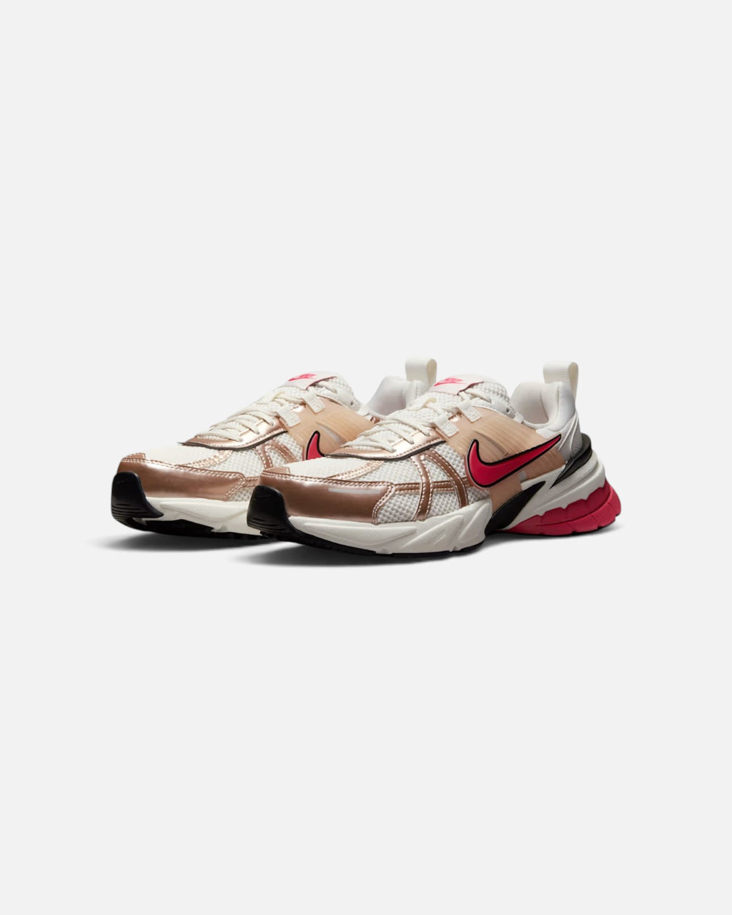 CRIUW NIKE V2K Run Guava Ice sneakers featuring metallic bronze overlays, white mesh, and pink swoosh details.