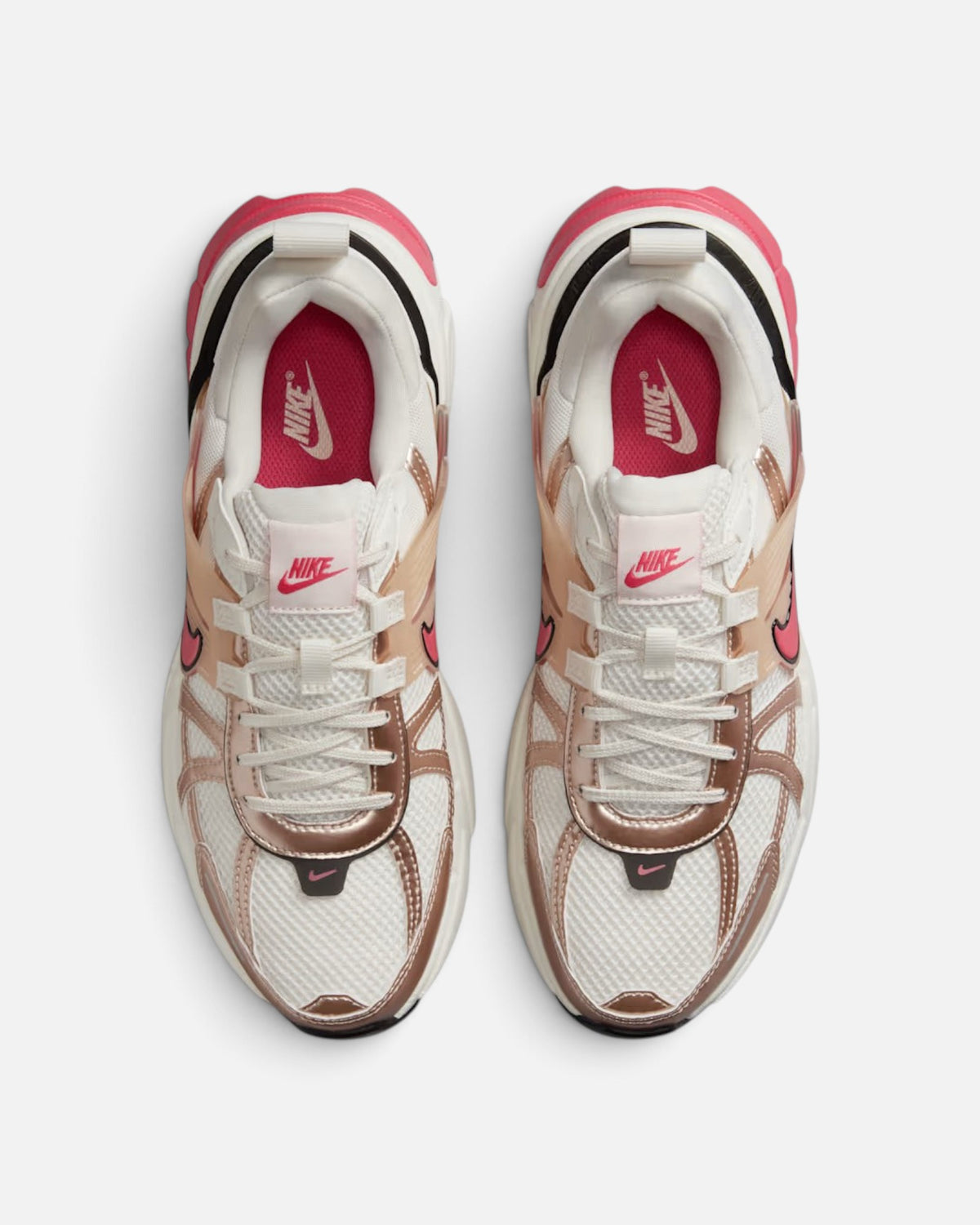 CRIUW NIKE V2K Run Guava Ice sneakers featuring metallic accents, white mesh, and pink detailing in a top-down view.