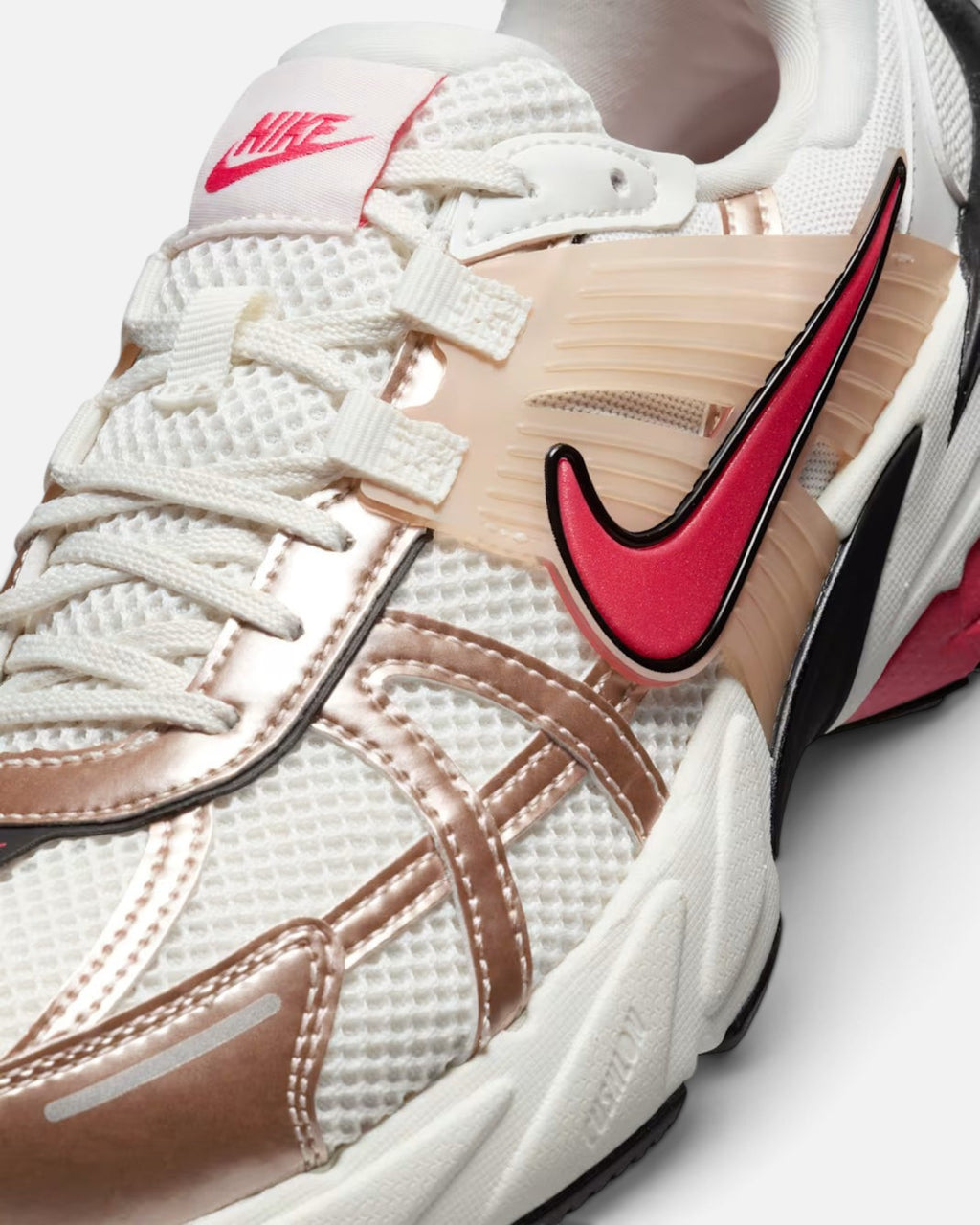 CRIUW NIKE V2K Run Guava Ice sneakers featuring white mesh, metallic rose gold accents, and pink swoosh details.