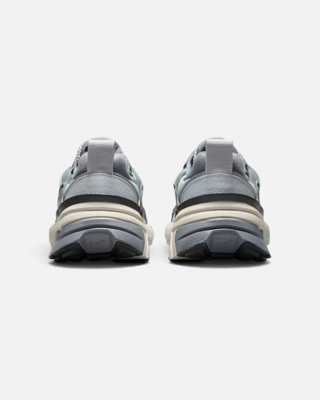 CRIUW NIKE V2K Run metallic cool grey sneakers, rear view showing chunky heel and retro-inspired plastic details.