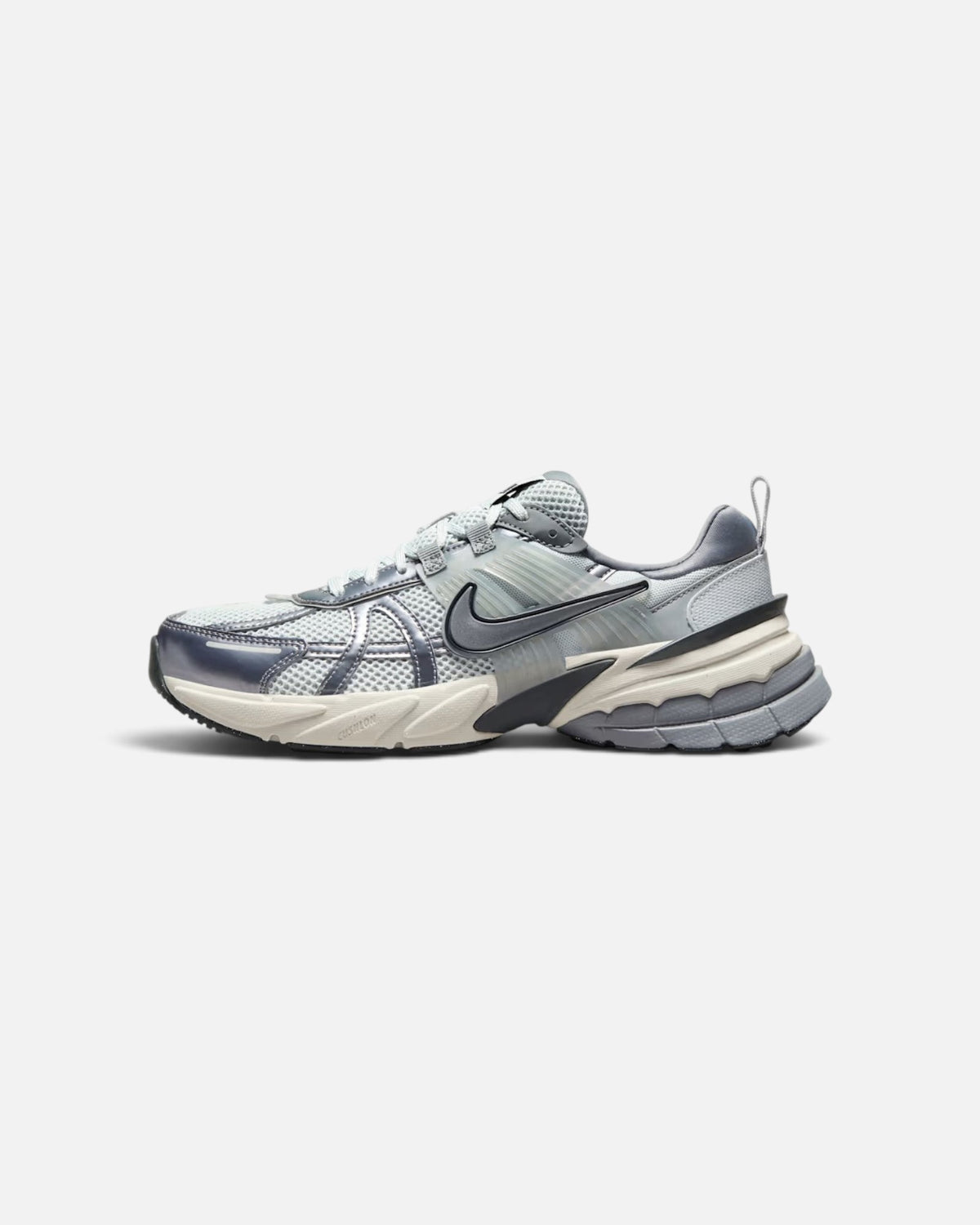 CRIUW Nike V2K Run sneakers in metallic cool grey with mesh upper, plastic overlays, and chunky vintage midsole.