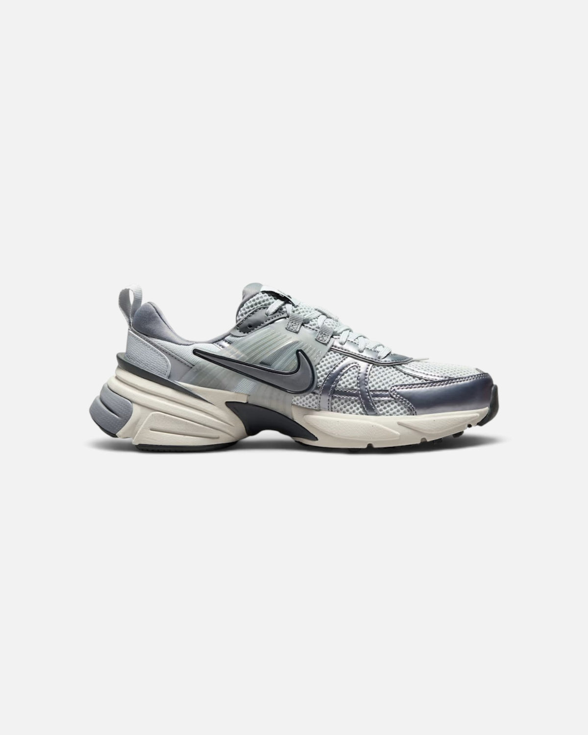 CRIUW NIKE V2K Run sneakers in metallic cool grey with retro mesh and plastic detailing and a chunky vintage midsole.