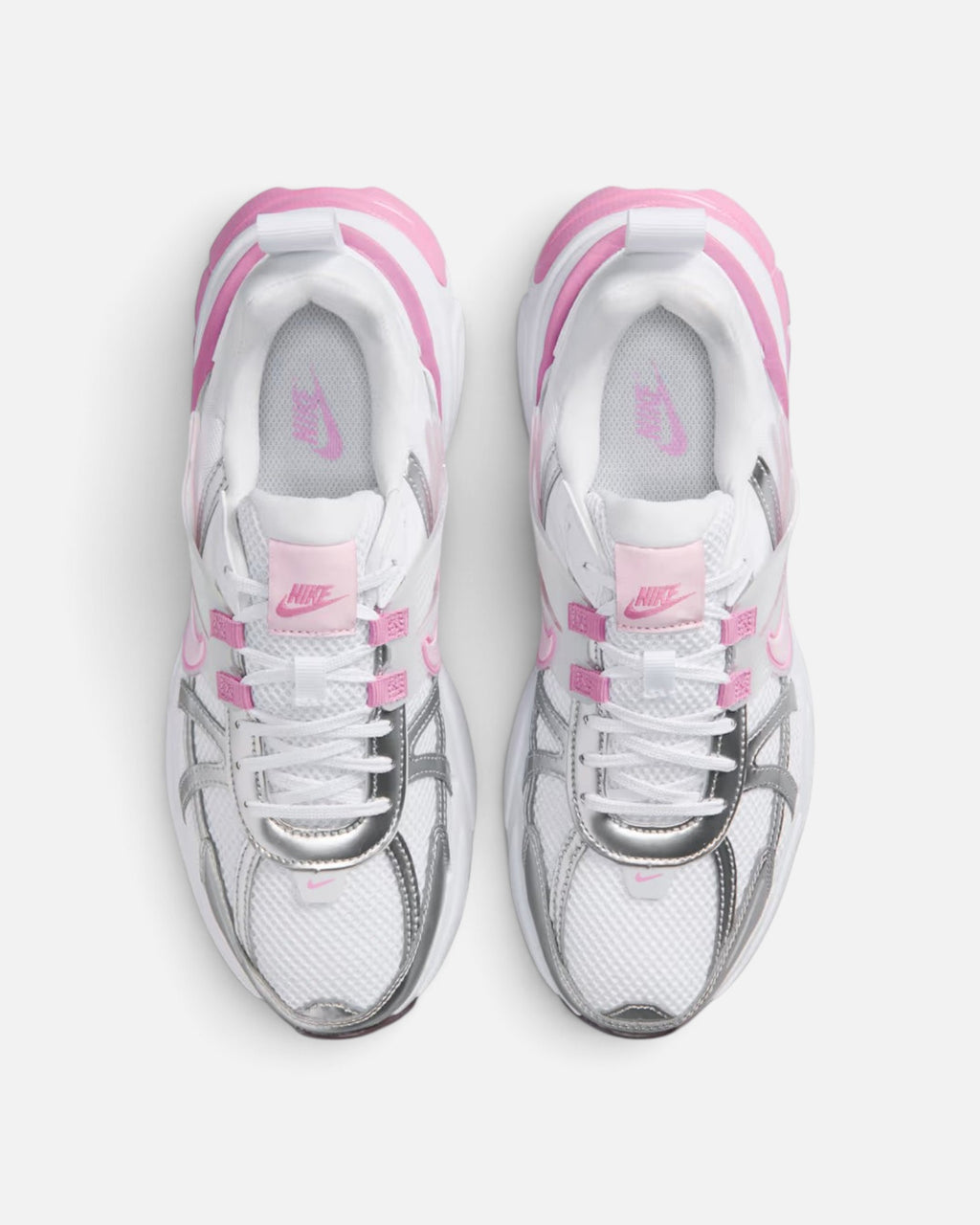 CRIUW NIKE V2K Run Pink Foam sneakers featuring white mesh, silver metallic overlays, and pink accents, top view.