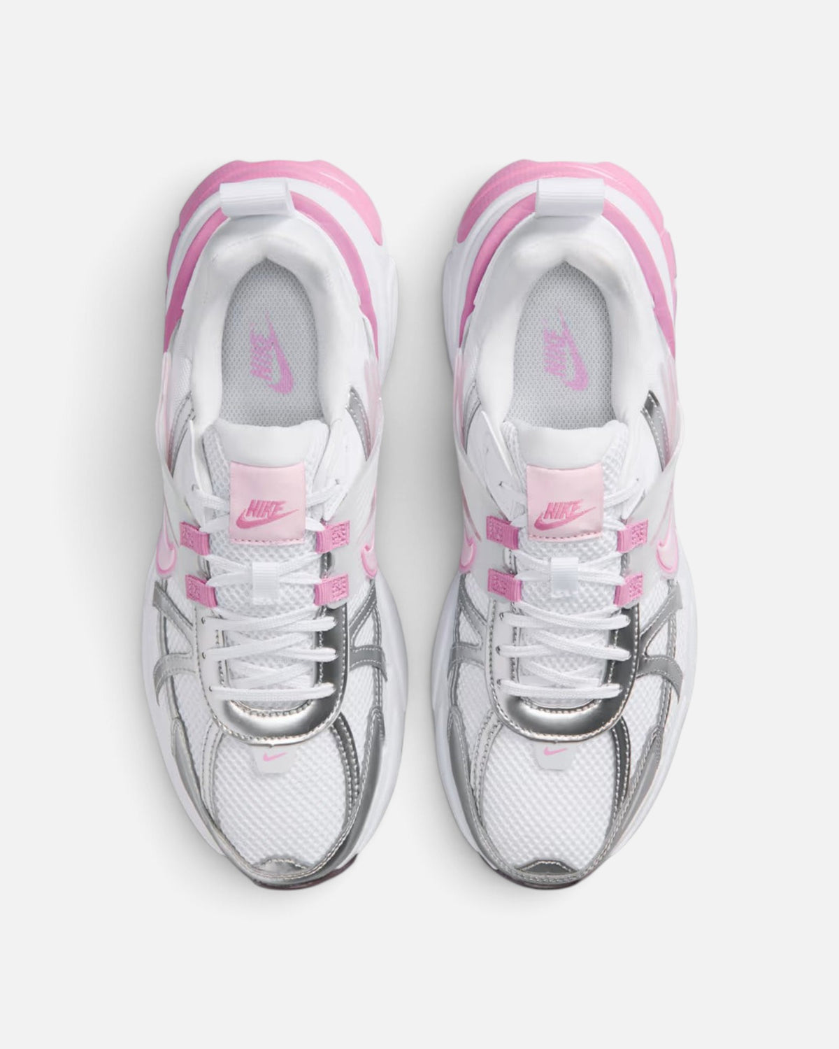 CRIUW NIKE V2K Run Pink Foam sneakers featuring white mesh, silver metallic overlays, and pink accents, top view.