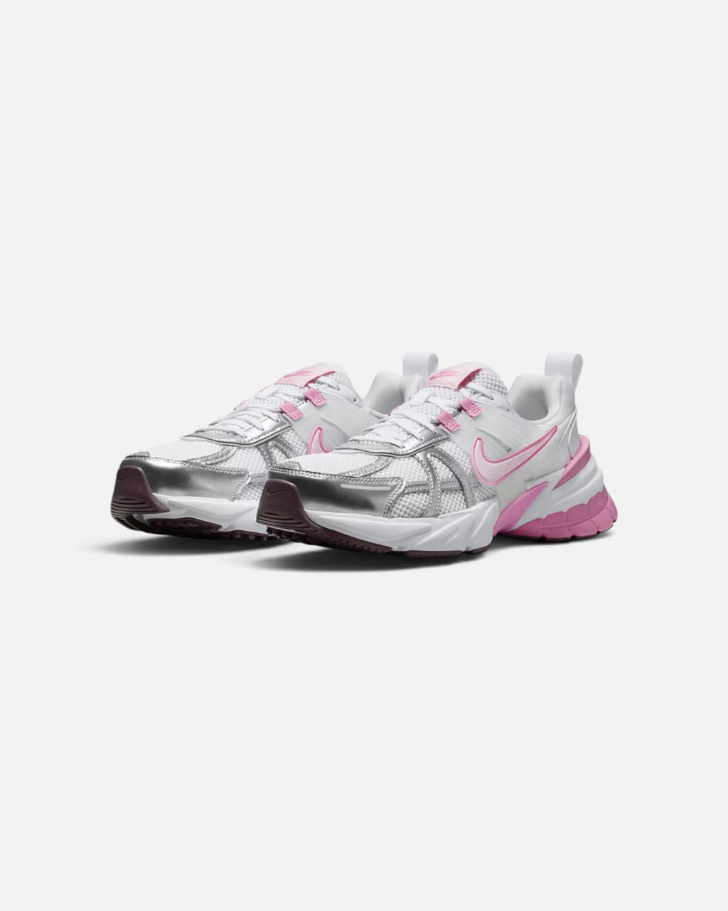 CRIUW NIKE V2K Run sneakers in white and metallic silver with Pink Foam accents and a chunky vintage-style midsole.